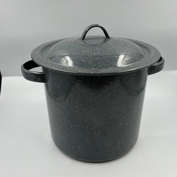 Vintage EnamelWare Black Speckled White Medium Stock Soup Pot W Lid - Picture 10 of 10